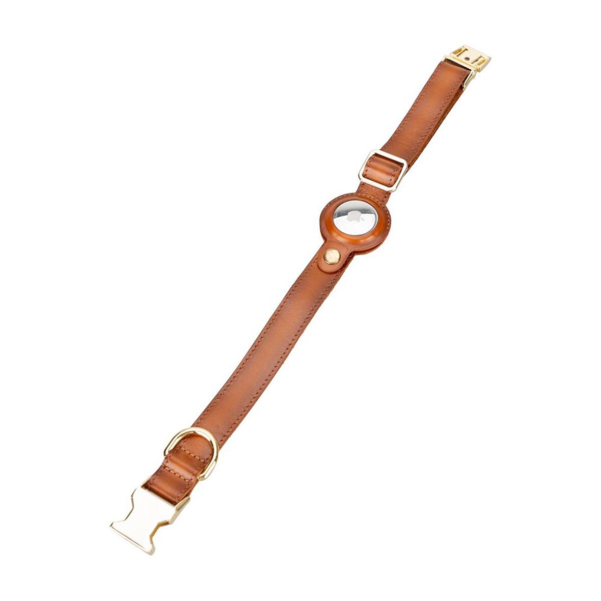 Gerçek Deriden El Yapımı Köpek Tasması, Apple AirTag Uyumlu Yuva, 50cm Ayarlanabilir Ölçü, Taba