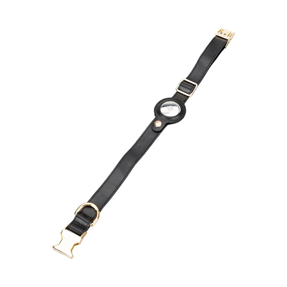 Gerçek Deriden El Yapımı Köpek Tasması, Apple AirTag Uyumlu Yuva, 50cm Ayarlanabilir Ölçü, Parlak Siyah