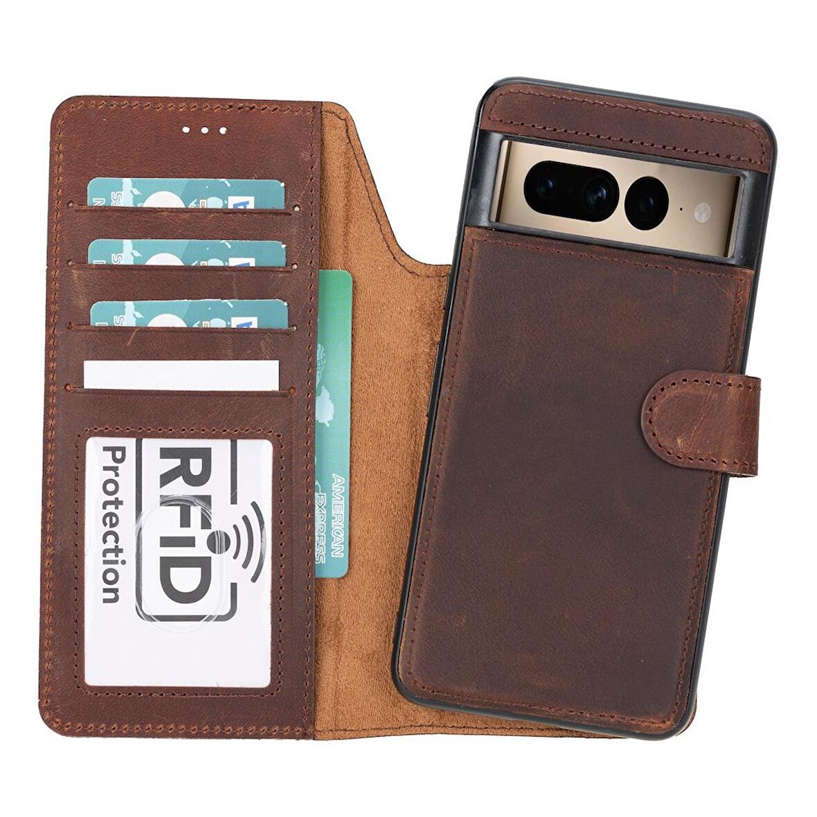 Google Pixel 8 Pro Uyumlu Deri Cüzdanlı Kılıf Kahve