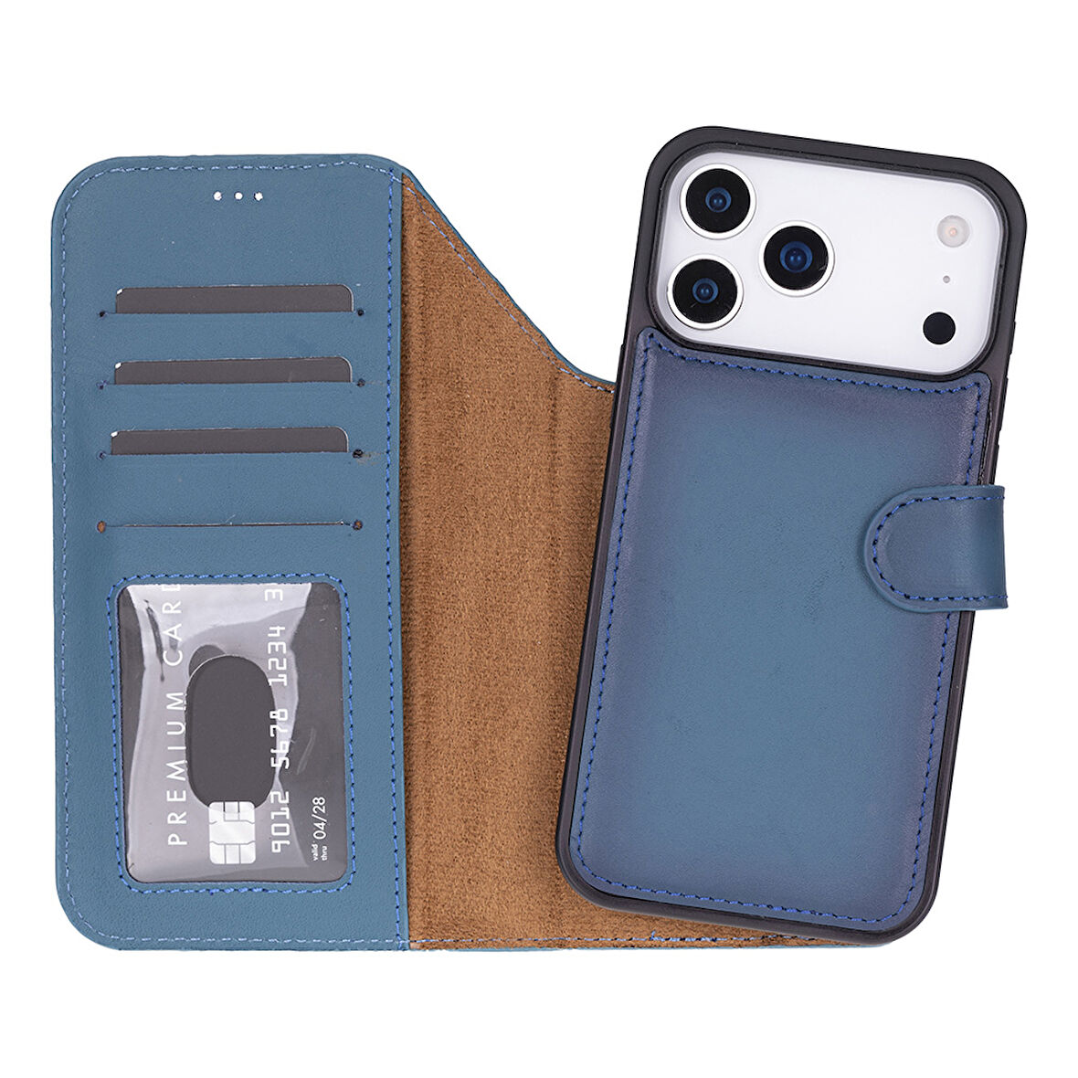 Apple iPhone 17 Pro için, Hakiki Deri, El Yapımı Cüzdanlı Kılıf, Magsafe ile uyumlu, İç Yüzeyi Kadife, Gölgeli Mavi