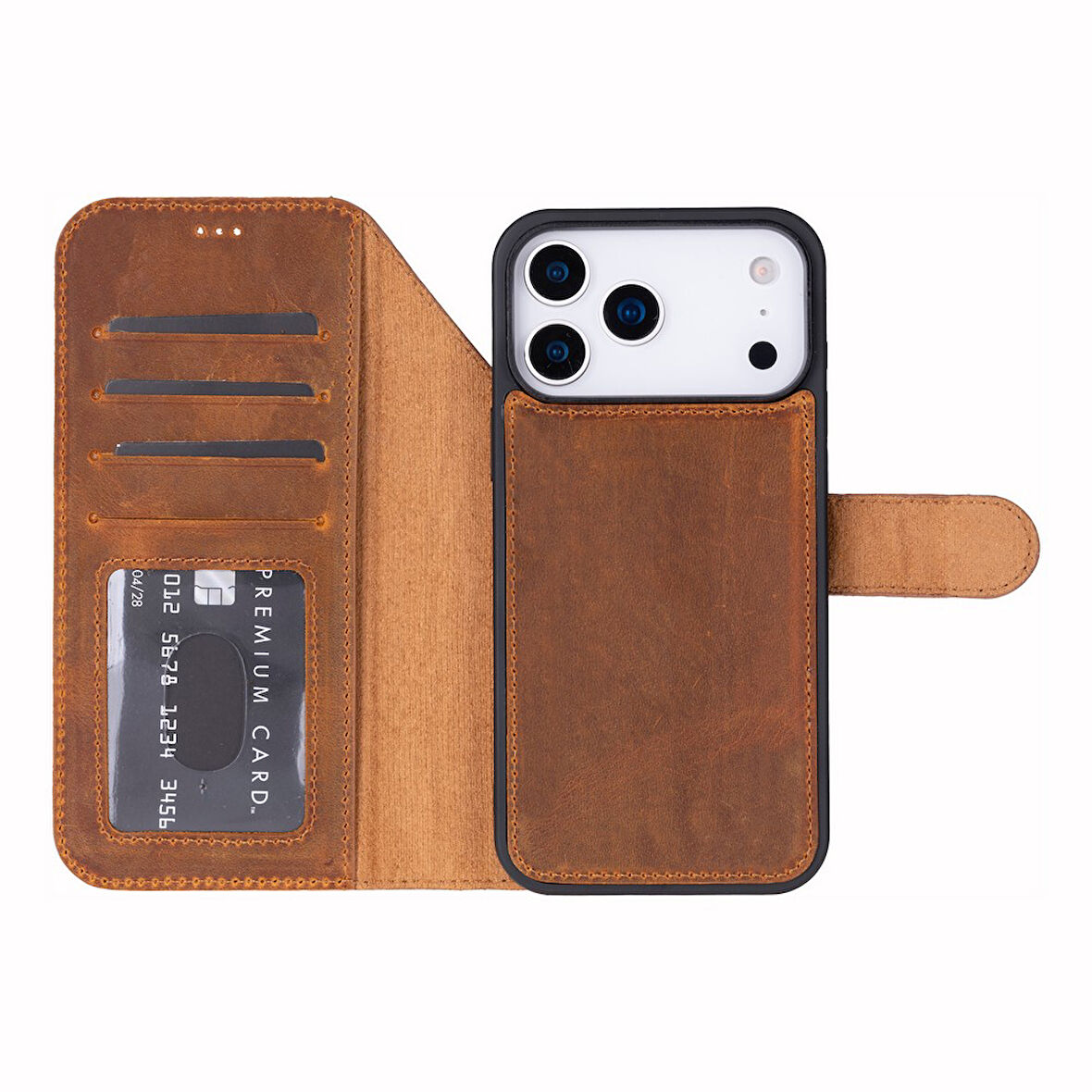 Apple iPhone 17 Pro için, Hakiki Deri, El Yapımı Cüzdanlı Kılıf, Magsafe ile uyumlu, İç Yüzeyi Kadife, Karamel