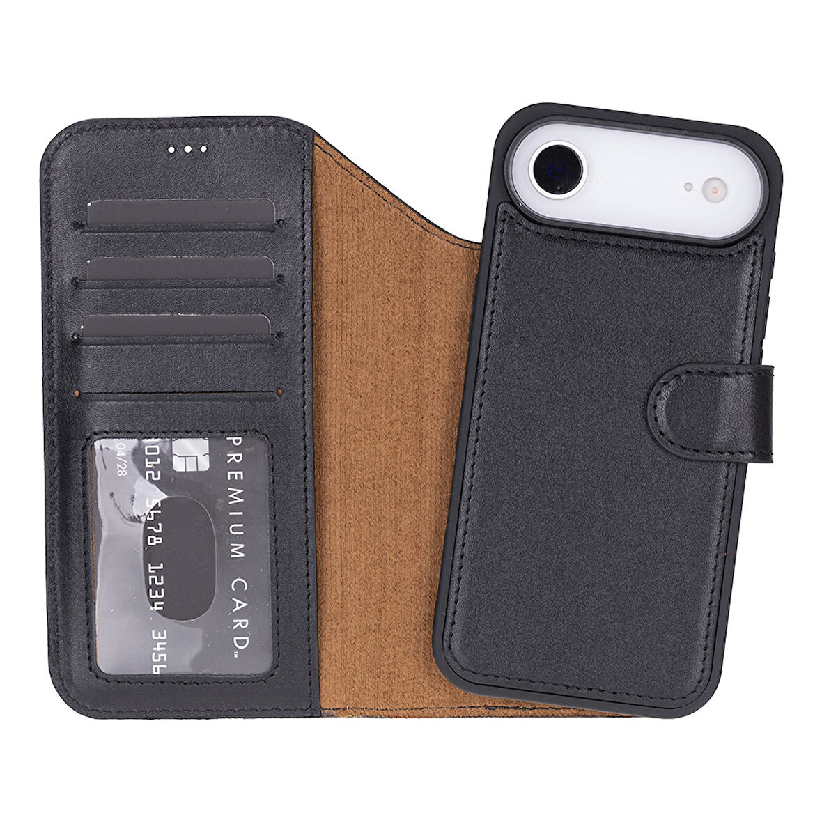 Apple iPhone 17 Air için, Hakiki Deri, El Yapımı Cüzdanlı Kılıf, Magsafe ile uyumlu, İç Yüzeyi Kadife, Siyah