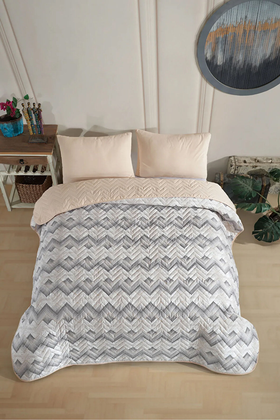 Çift Kişilik Desenli Kapitone Çift Taraflı Renkli Pike Yatak Örtüsü Takımı 200x230 cm (Çarşafsız)
