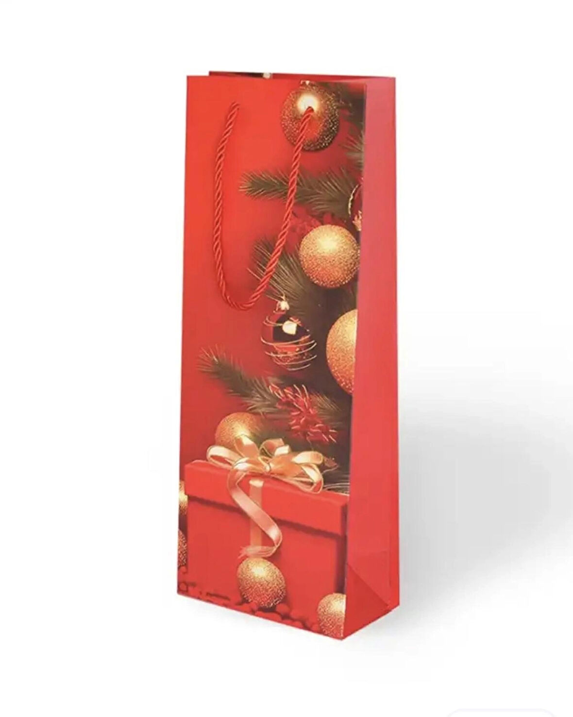 YILBAŞI VARAK BASKILI LÜKS İPLİ KARTON ÇANTA - NOEL - KIRMIZI - 12x35x9 CM - 1 ADET - Ç048