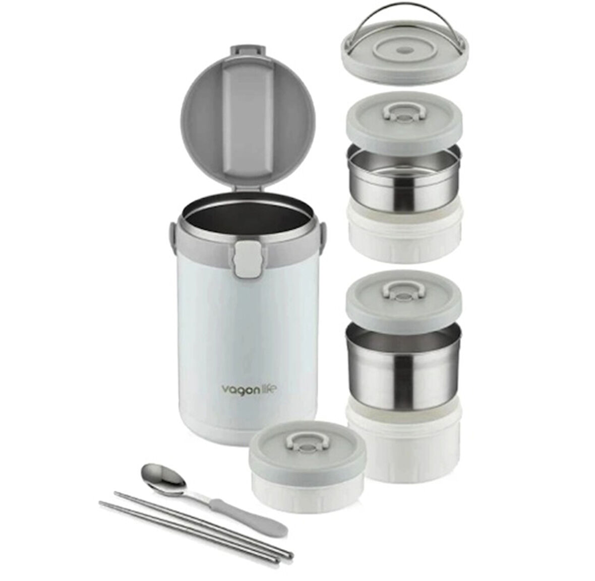 Lunchbox 3 Katlı 4-6 Saat Sıcak/soğuk Termos Çelik Sefer Tası Beslenme Kabı 2100ml Beyaz