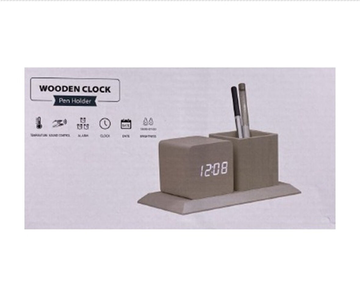 Wooden Clock Masaüstü Ahşap Kalemlikli Dijital Saat
