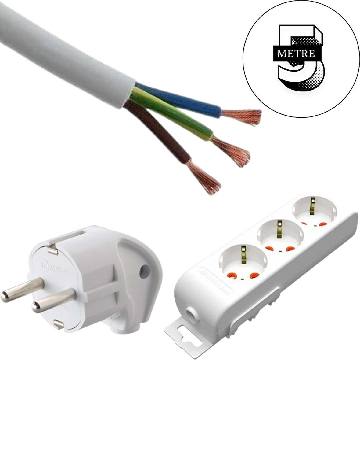 Acaroğlu 5 Metre  Üçlü Klemensli Grup Priz El Yapımı  