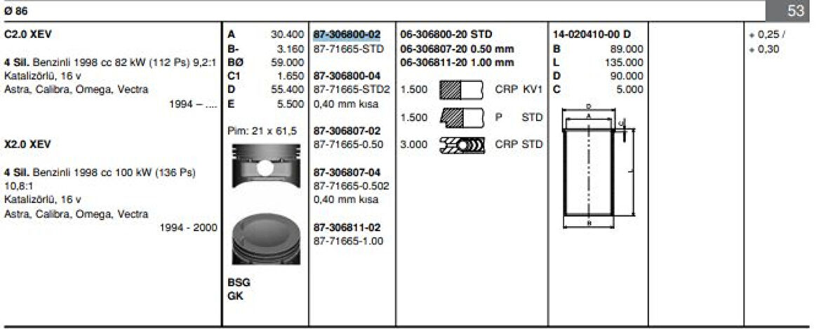 Opel Piston Segman X20xev Ectra B Omega B (86,00mm) Std - Goetze 8771665std000g