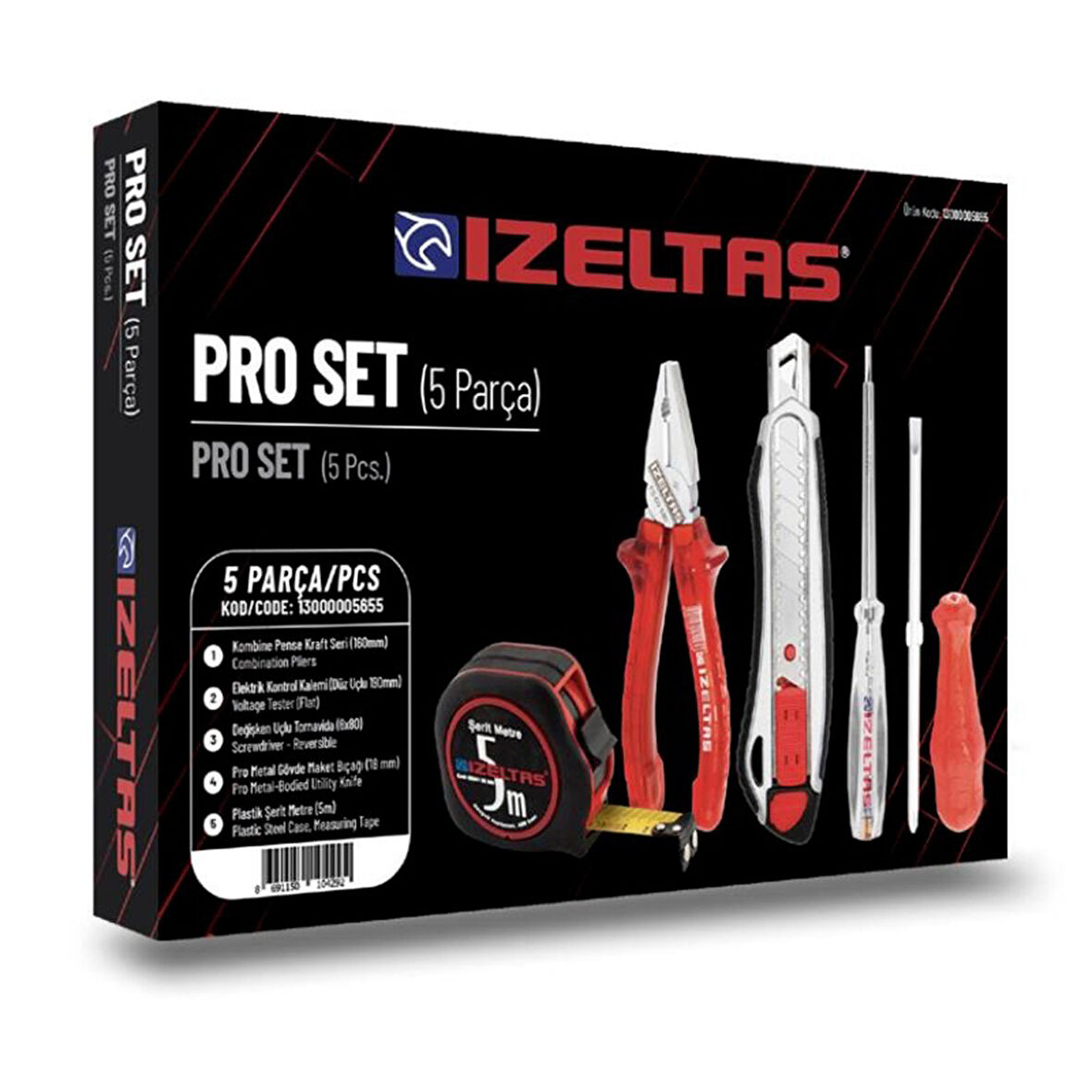 İzeltaş 5'li Pro Set 5 Parça Kraft Pense 160mm Kontrol Kalemi Tornavida Maket Bıçağı Şerit Metre