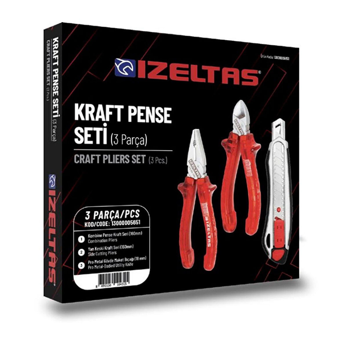 İzeltaş 3'lü Kraft Pense Seti 3 Parça Kraft Pense 160mm Kraft Yan Keski 160mm Maket Bıçağı