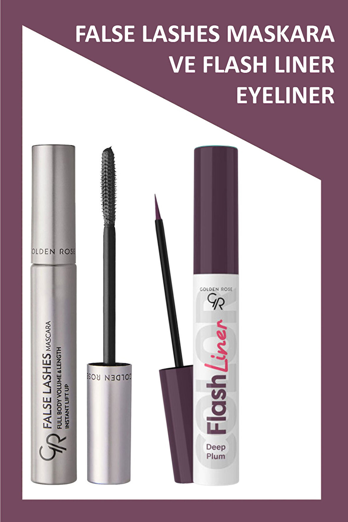 False Lashes Siyah Maskara ve Flash Liner Mürdüm Eyeliner Makyaj Seti