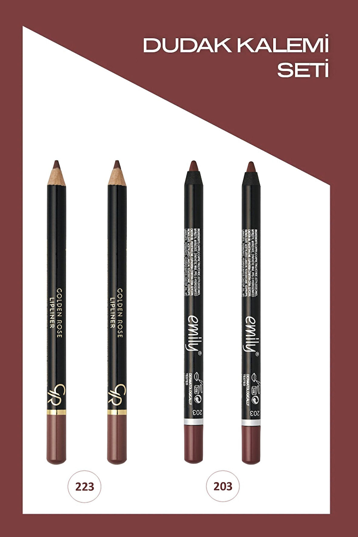 Emily Long Lasting No:203 x2 ve Lipliner No:223 x2 Dudak Kalemi Seti