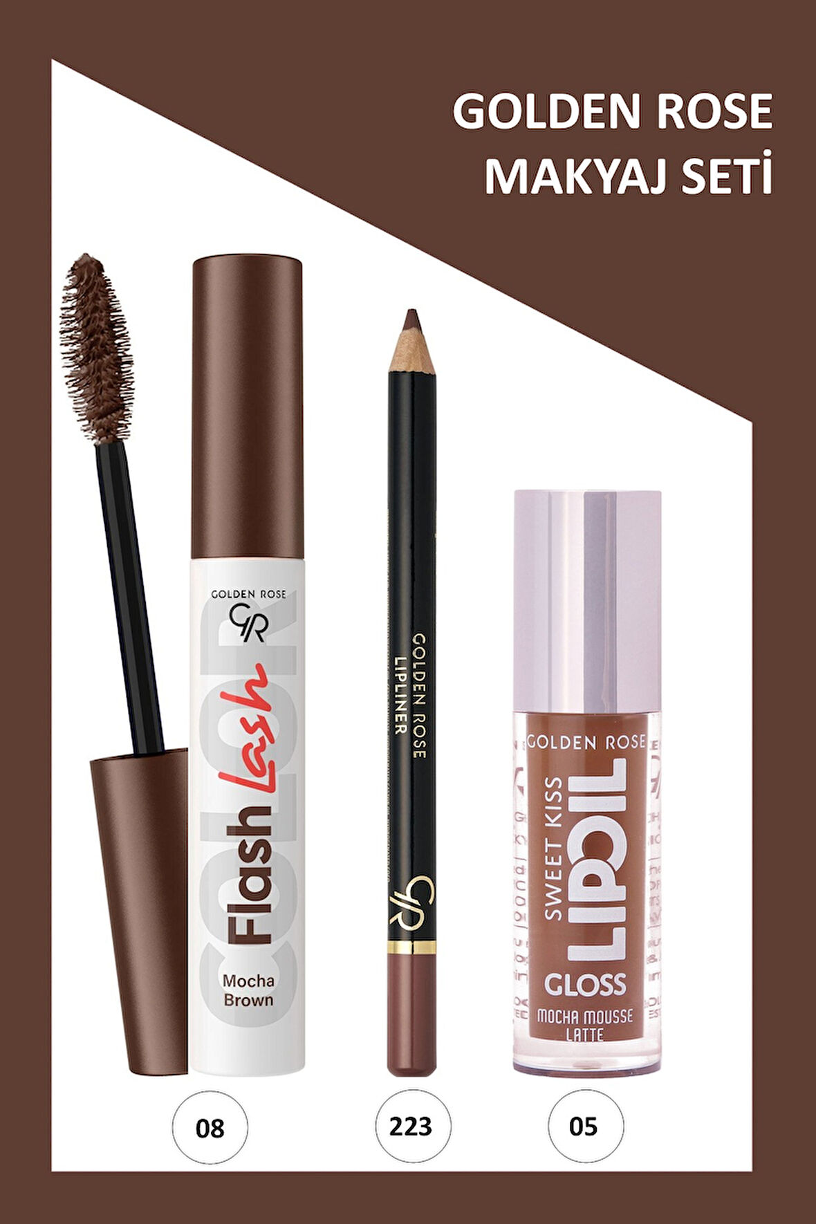 Flash Lash Renkli Maskara No:08 & Lipliner No:223 & Sweet Kiss Meyveli Dudak Parlatıcı No:05 Makyaj Seti