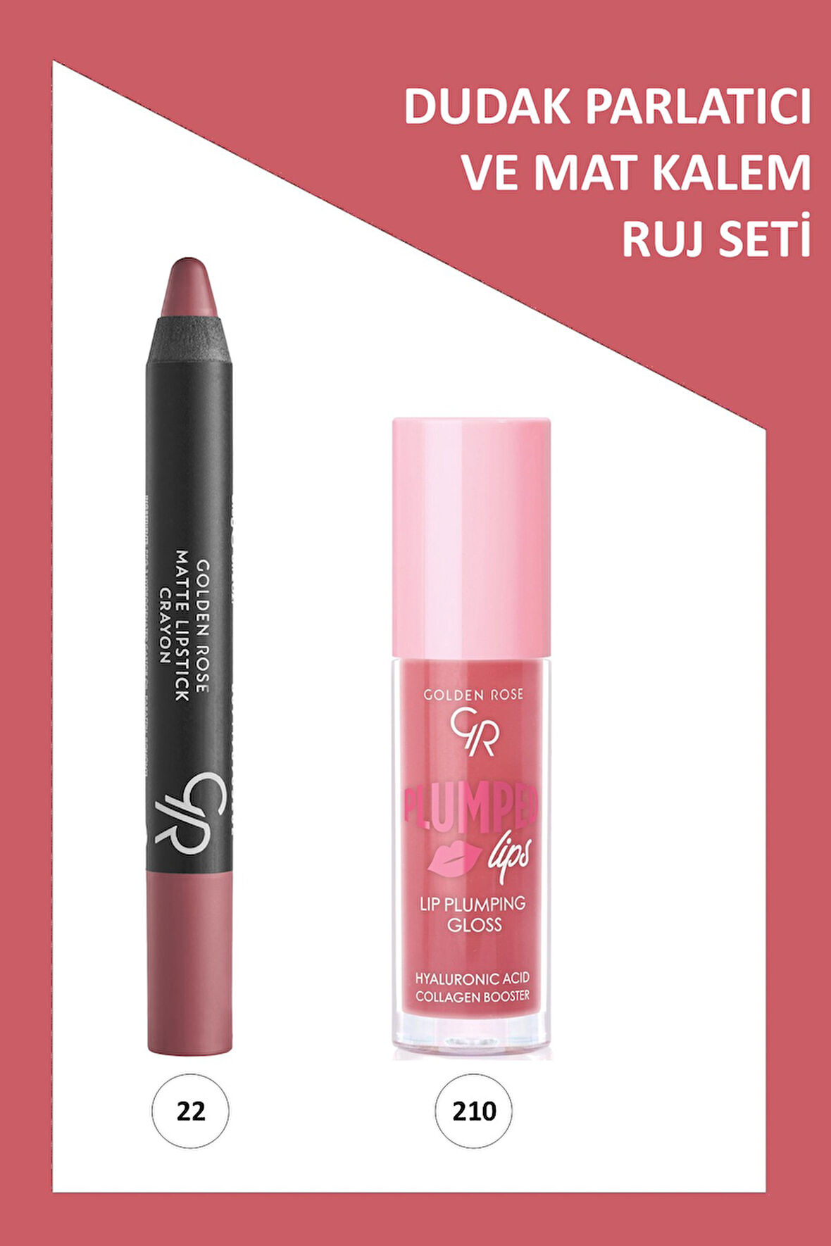Plumped Lips Lip Plumping Gloss No: 210 ve  Matte Lipstick Crayon No:22 Cotton Pink Seti