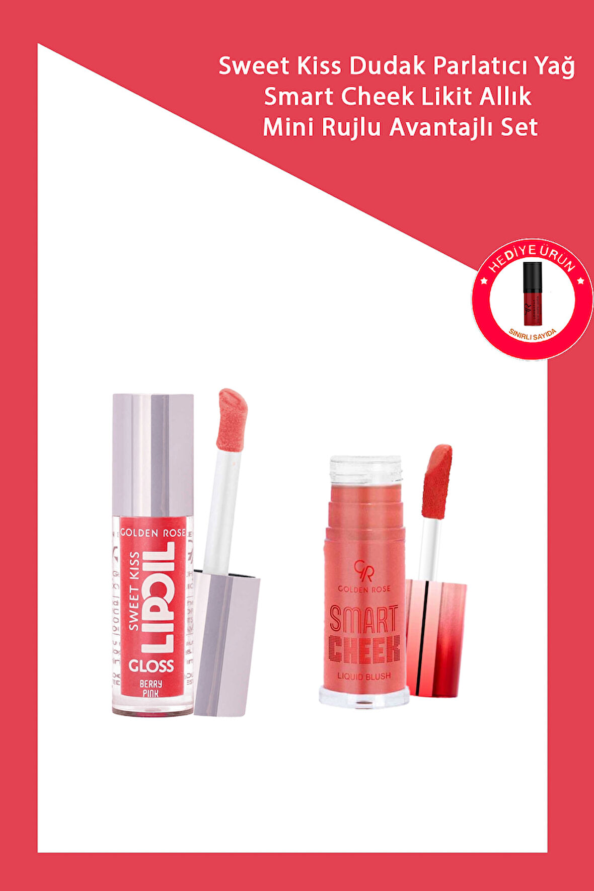 Sweet Kiss Dudak Parlatıcı Yağ No: 04 & Smart Cheek Likit Allık No: 104 + Mini Ruj Makyaj Seti
