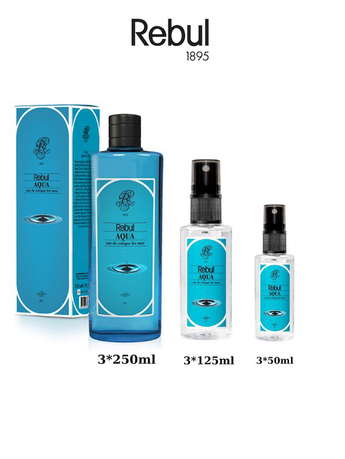 Rebul Aqua Edc Kolonya 250ml Cam Şişeli, 125ml - 50ml Pet Sprey Şişeli 3'lü Set (9 ürün)