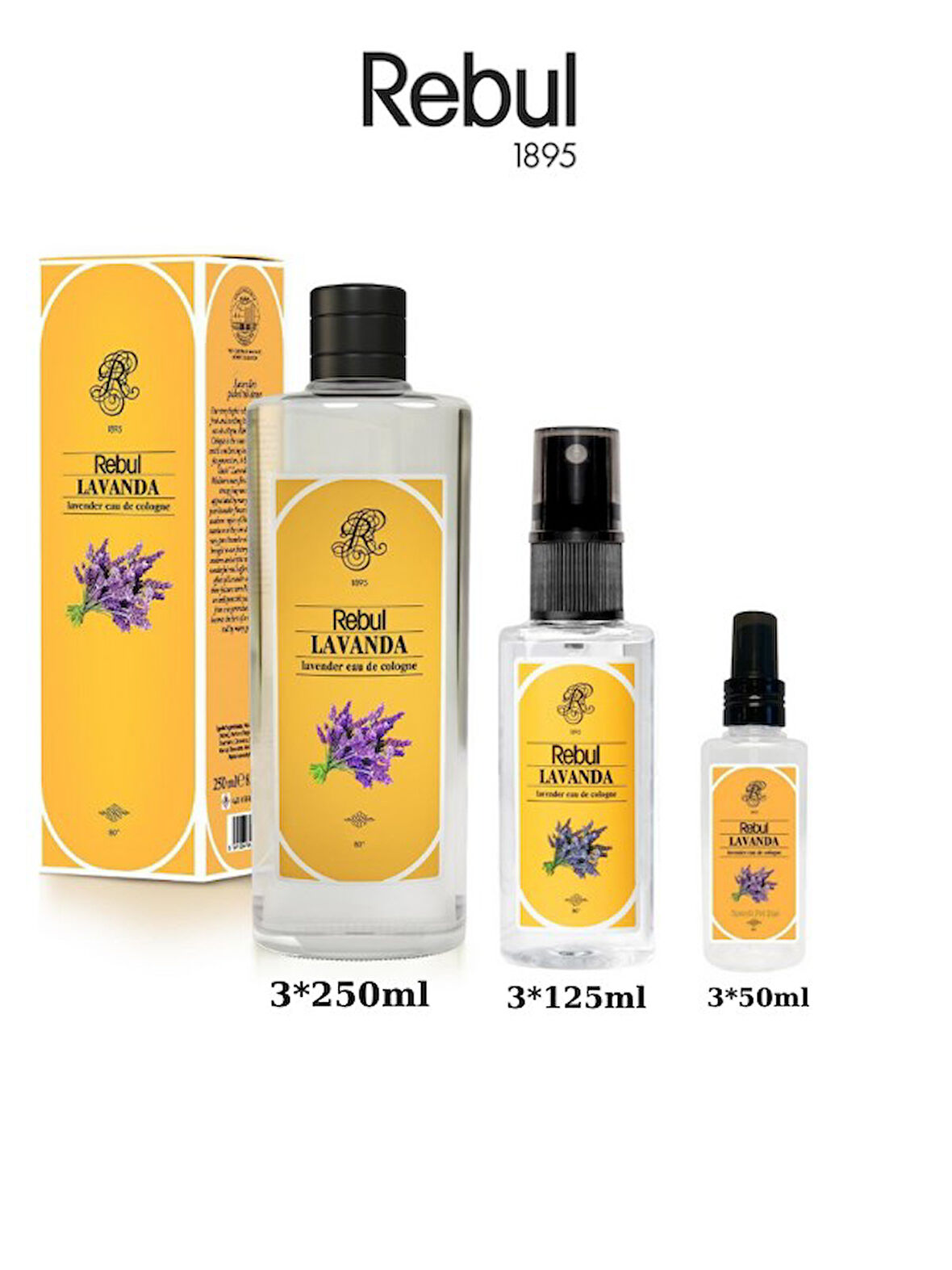 Rebul Lavanda (Lavanta) Edc Kolonya 250ml Cam Şişeli, 125ml - 50ml Pet Sprey Şişeli 3'lü Set (9 ürün