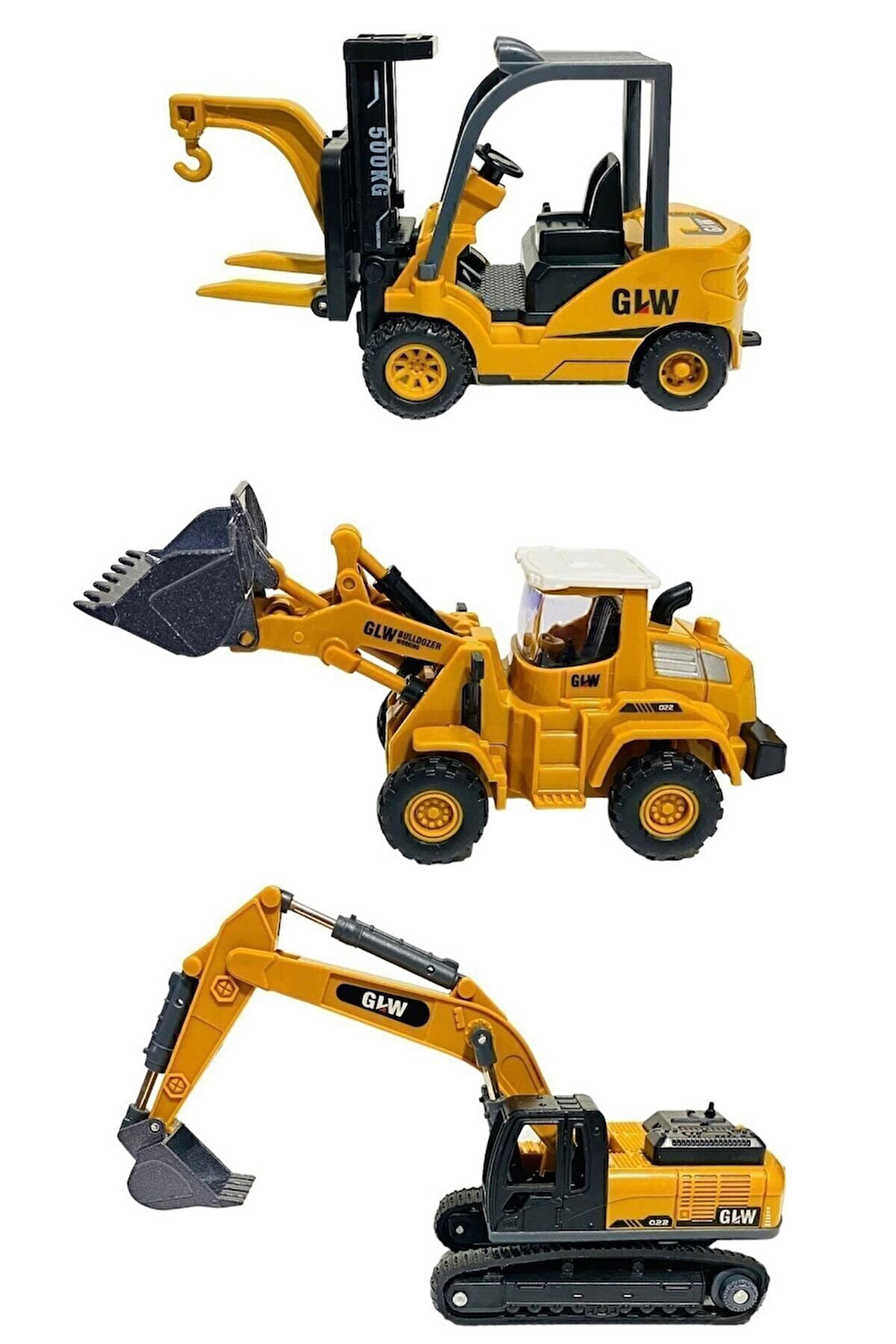 Oyuncak İş Makinaları Ekskavatör Forklift Kepçe Buldozer 3lü Metal Set