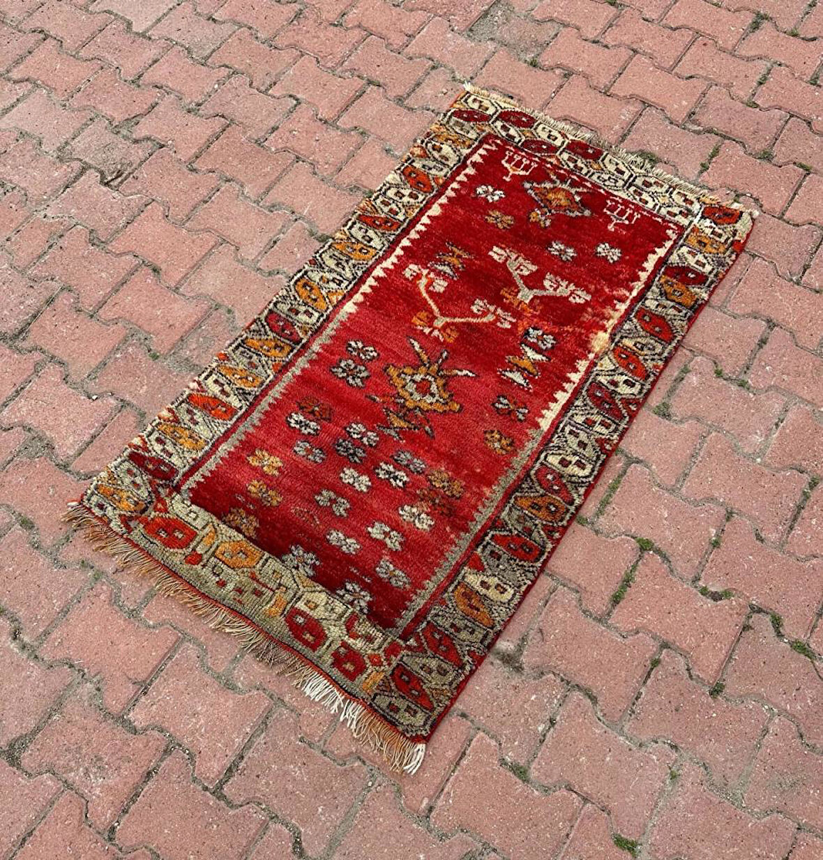 77x127 cm Eski El Dokuma İran Halısı Küçük Boy Kırmızı Renk Yün Kilim