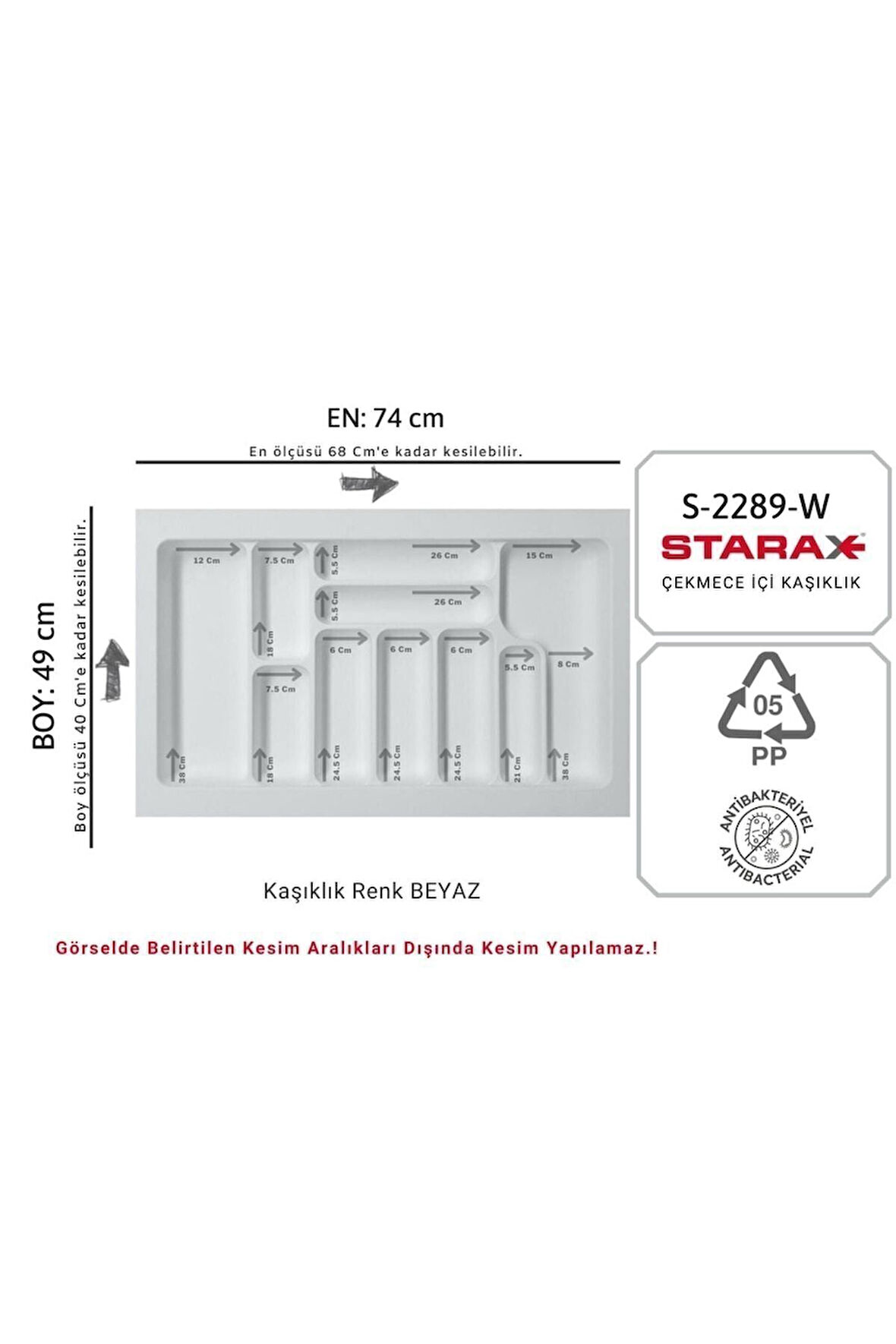 S-2289-w Çekmece Içi Plastik Kaşıklık Beyaz En:74-68 D:49-40 Cm Arası Kesilir 10 Göz