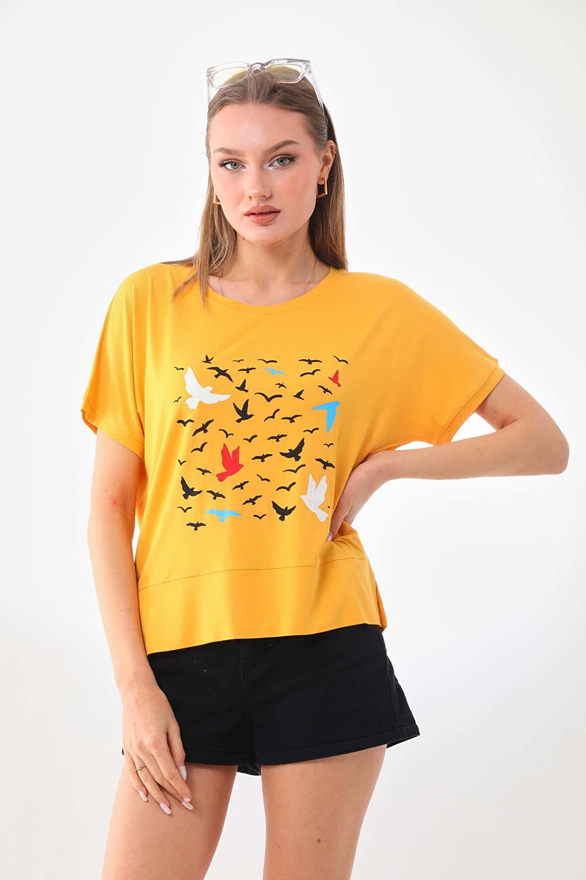 Sistas Kadın Desenli Kısa Kol Bluz 23141 Sarı