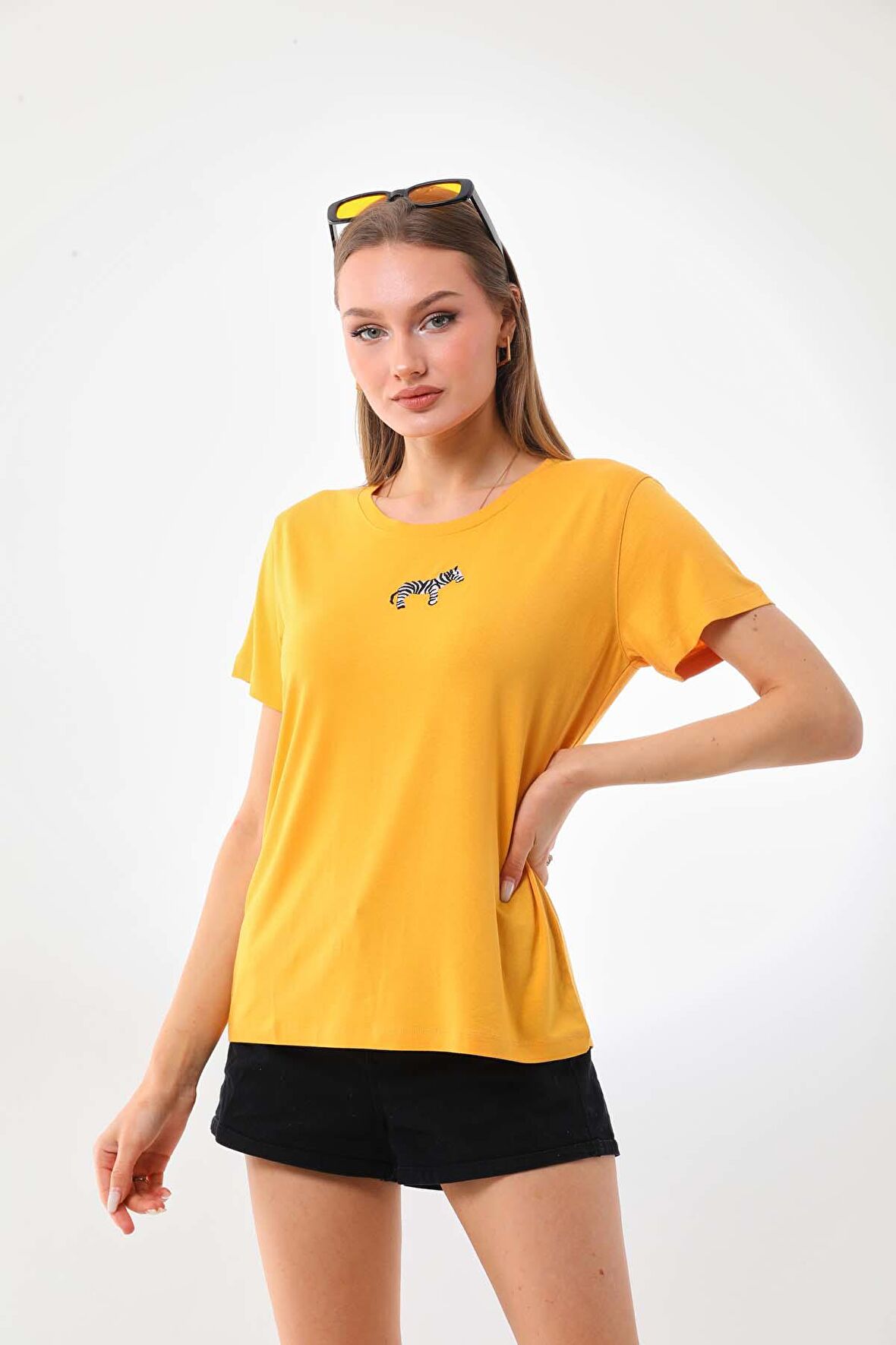 Sistas Kadın Zebra Desenli Kısa Kol Bluz 23118 Sarı