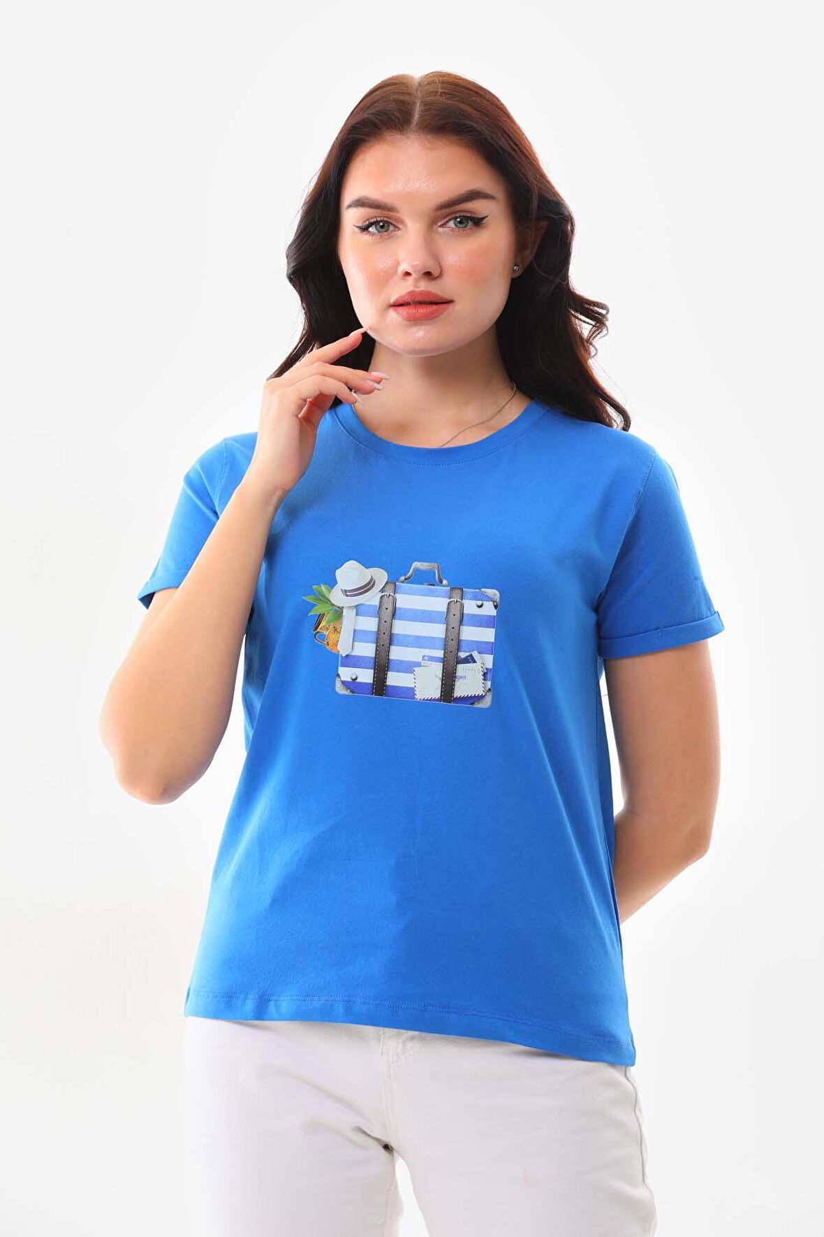 Sistas Kadın Pamuklu Resim Detaylı Kısa Kol Bluz 23097 Saks