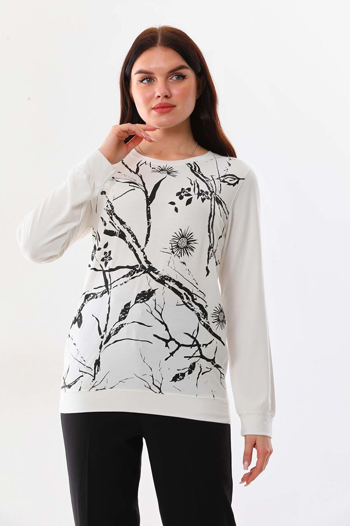 Sistas Kadın Desenli Bisiklet Yaka Uzun Kol Bluz 23508 Ekru