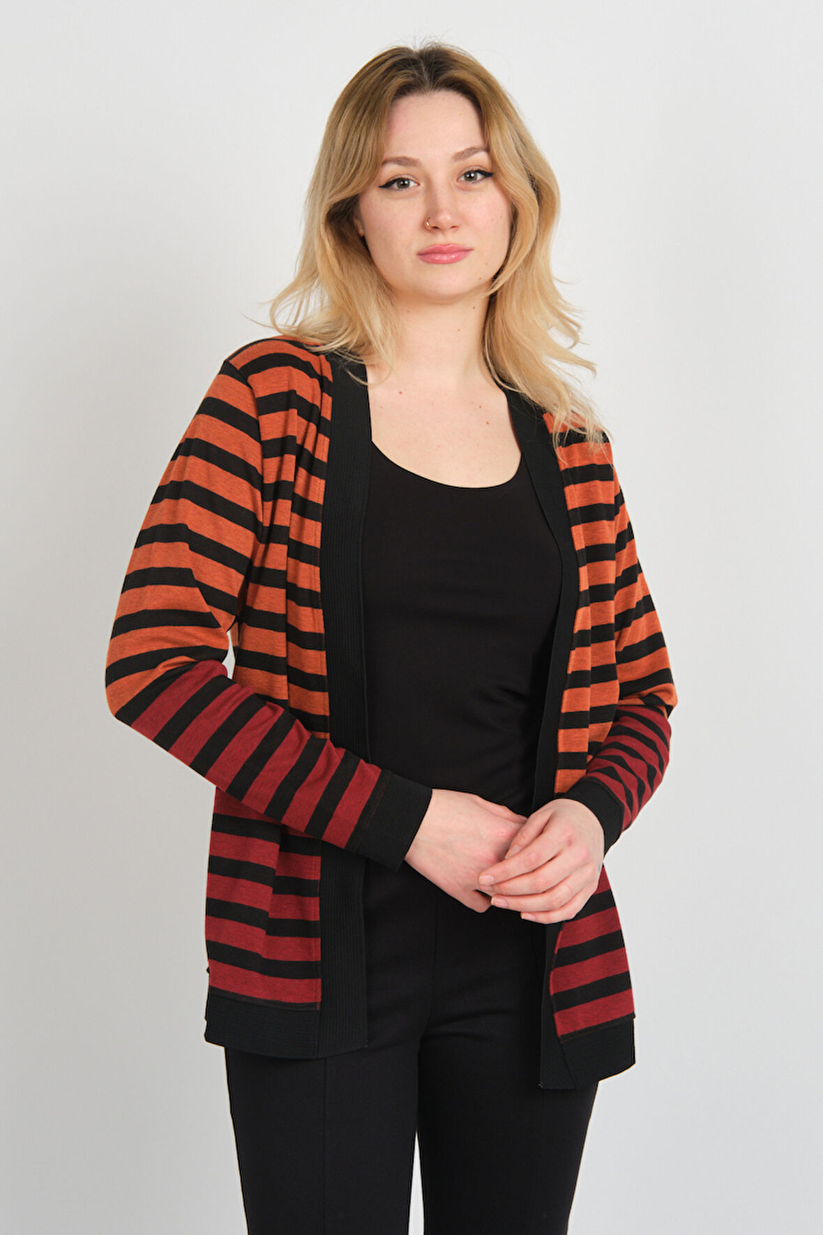Sistas Kadın Çizgili Renk Geçişli Uzun Kol Ceket 23954 Kiremit