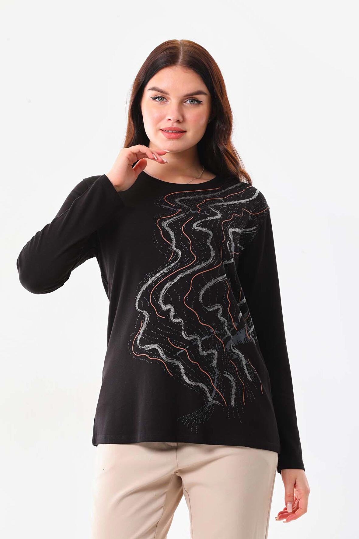 Sistas Kadın Desenli Bisiklet Yaka Uzun Kollu Bluz 23636 Siyah