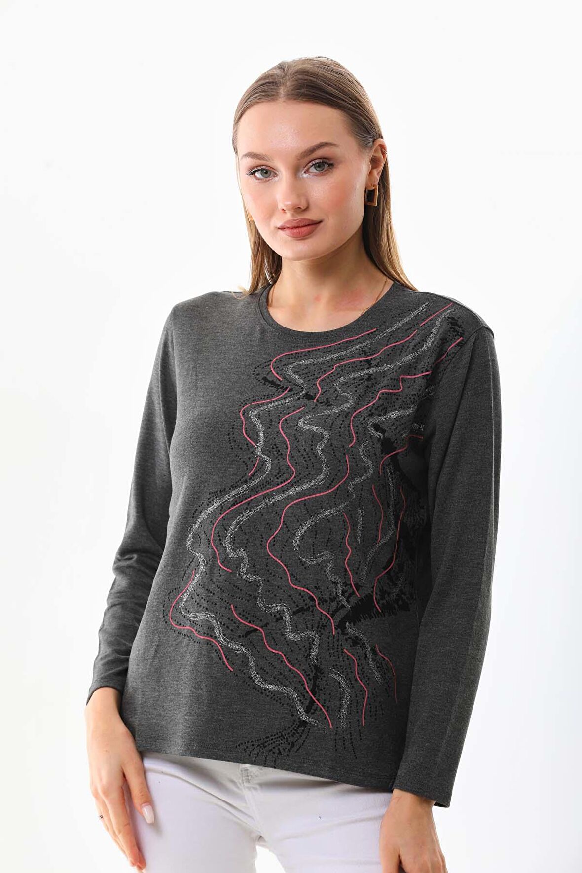 Sistas Kadın Desenli Bisiklet Yaka Uzun Kollu Bluz 23636 Antrasit