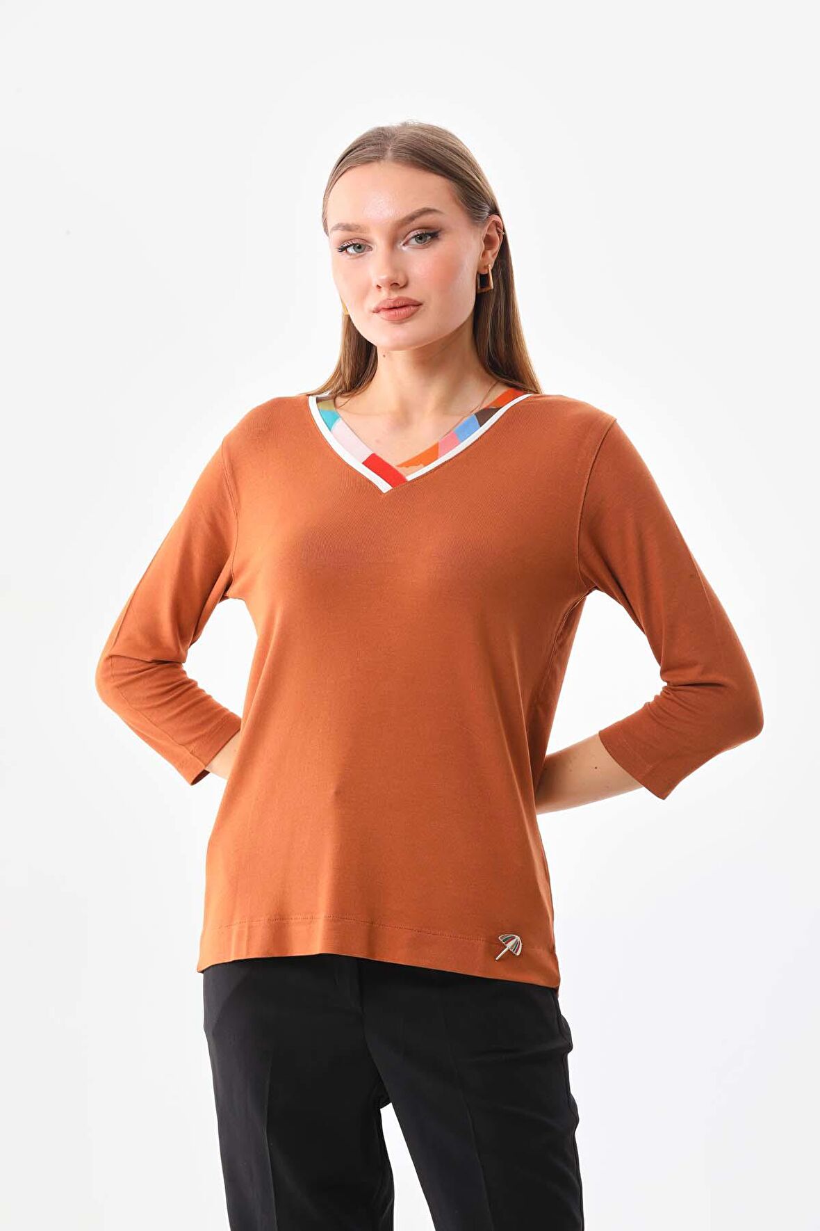 Sistas Kadın V Yaka Truvakar Kol Bluz 23588 Camel