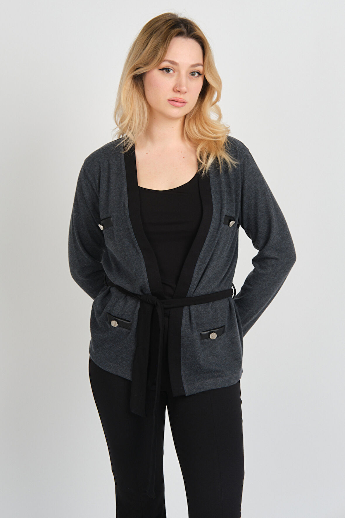 Sistas Kadın Belden Bağlama Detaylı Süs Cepli Ceket 23955 Antrasit