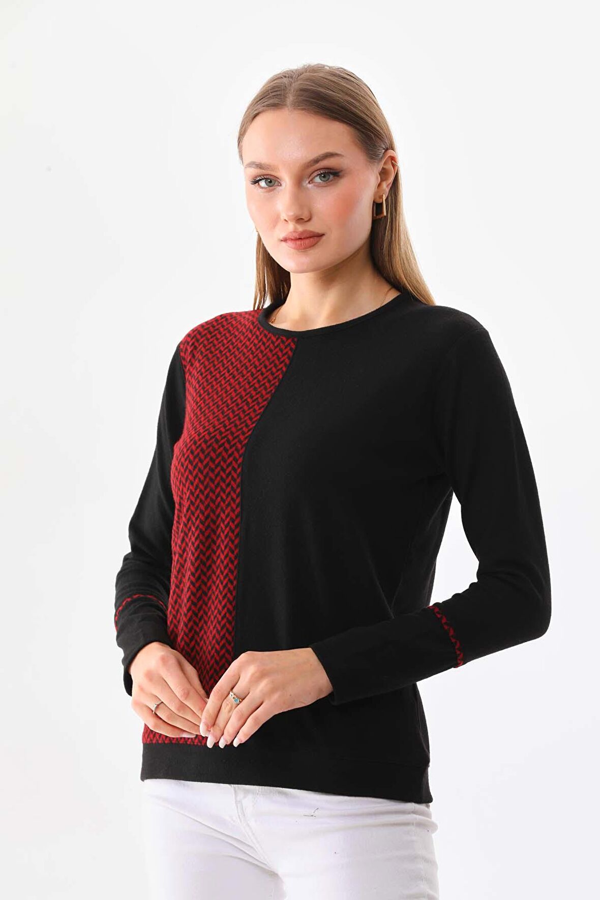 Sistas Kadın Desenli Bisiklet Yaka Uzun Kol Bluz 23619 Bordo