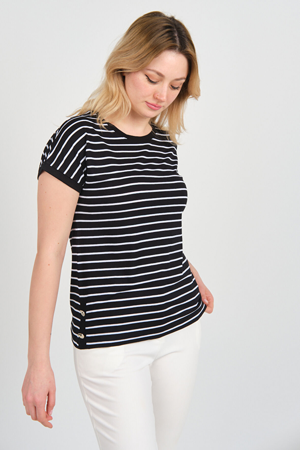 Sistas Kadın Bisiklet Yaka Çizgili Yanları Gold Düğmeli Bluz 24298 Siyah