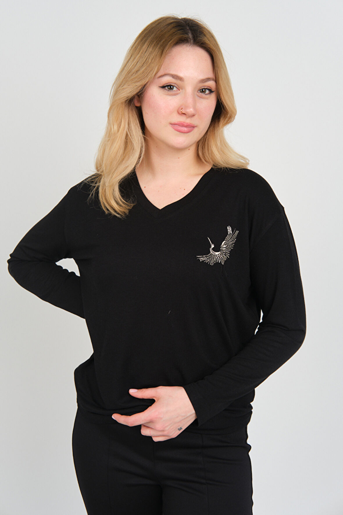 Sistas Kadın Uzun Kollu V Yaka İşleme Detaylı Bluz 4565 Siyah