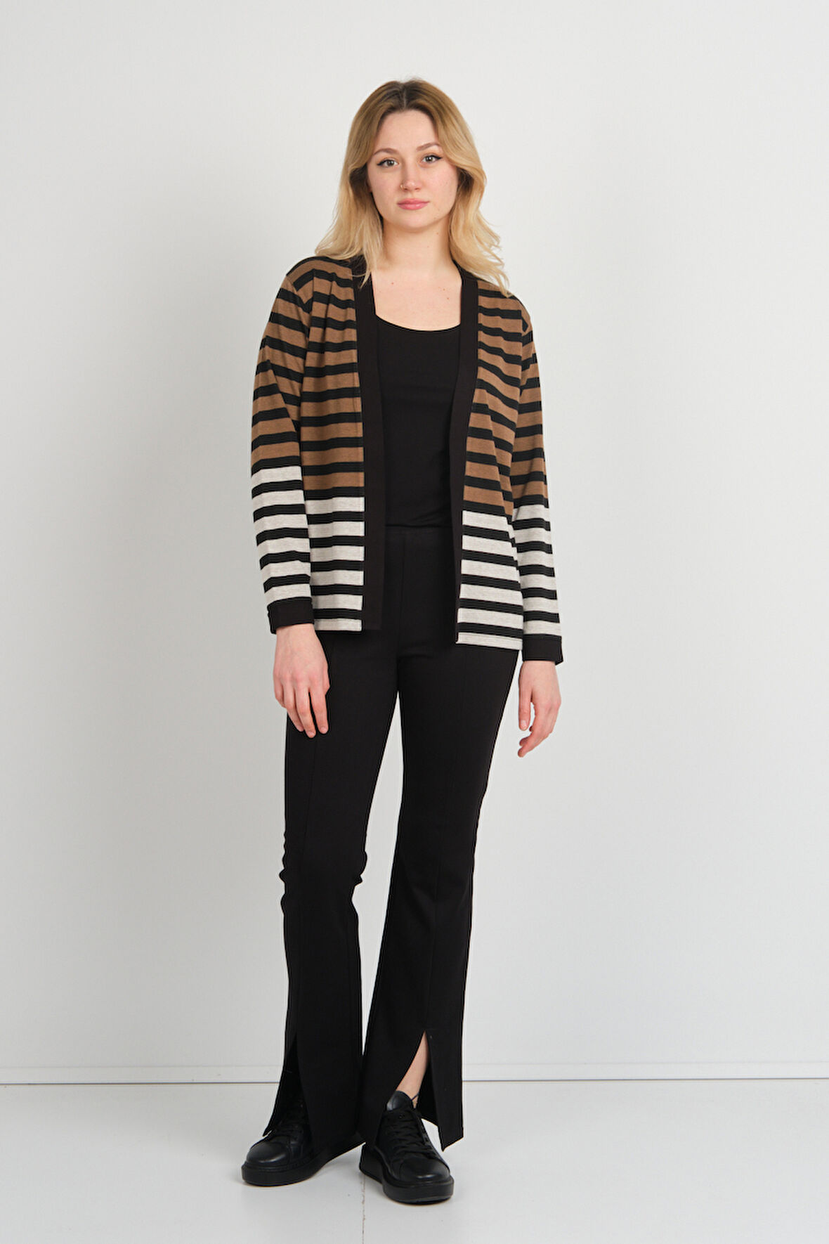 Sistas Kadın Çizgili Düğmesiz Ceket 24908 Vizon