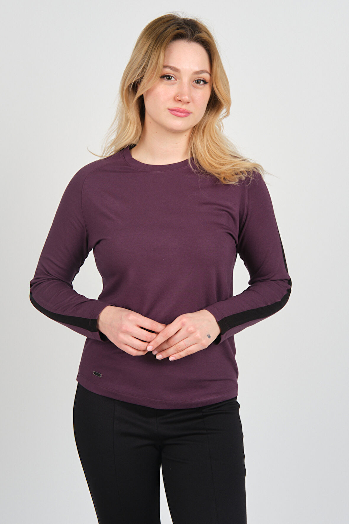 Sistas Kadın Uzun Kollu Bisiklet Yaka Logo Detaylı Bluz 4575 Mürdüm