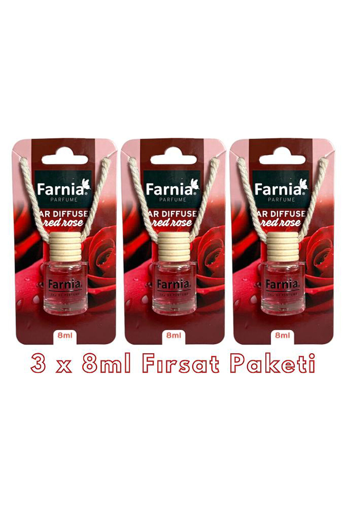 Farnia Yüksek Esanslı Askılı Araç Kokusu EDP Parfüm Kırmızı Gül 8 Ml 3 Adet Avantaj Paketi