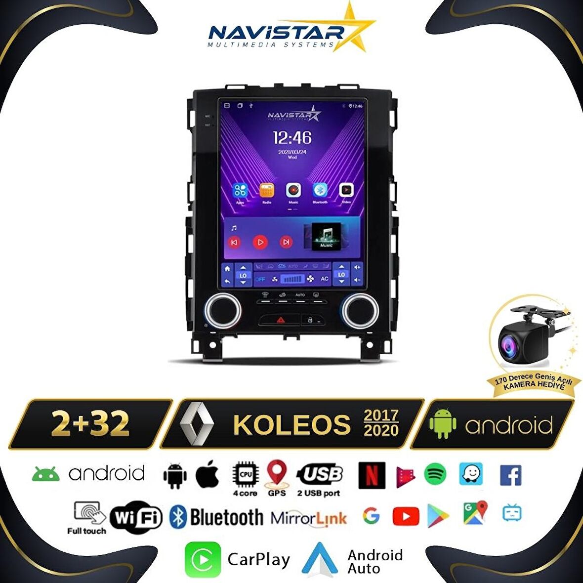 Renault Koleos Tesla 2017-2020 Model 2GB + 32GB Android 13 Kablosuz Carplay Navigasyon Multimedya Si