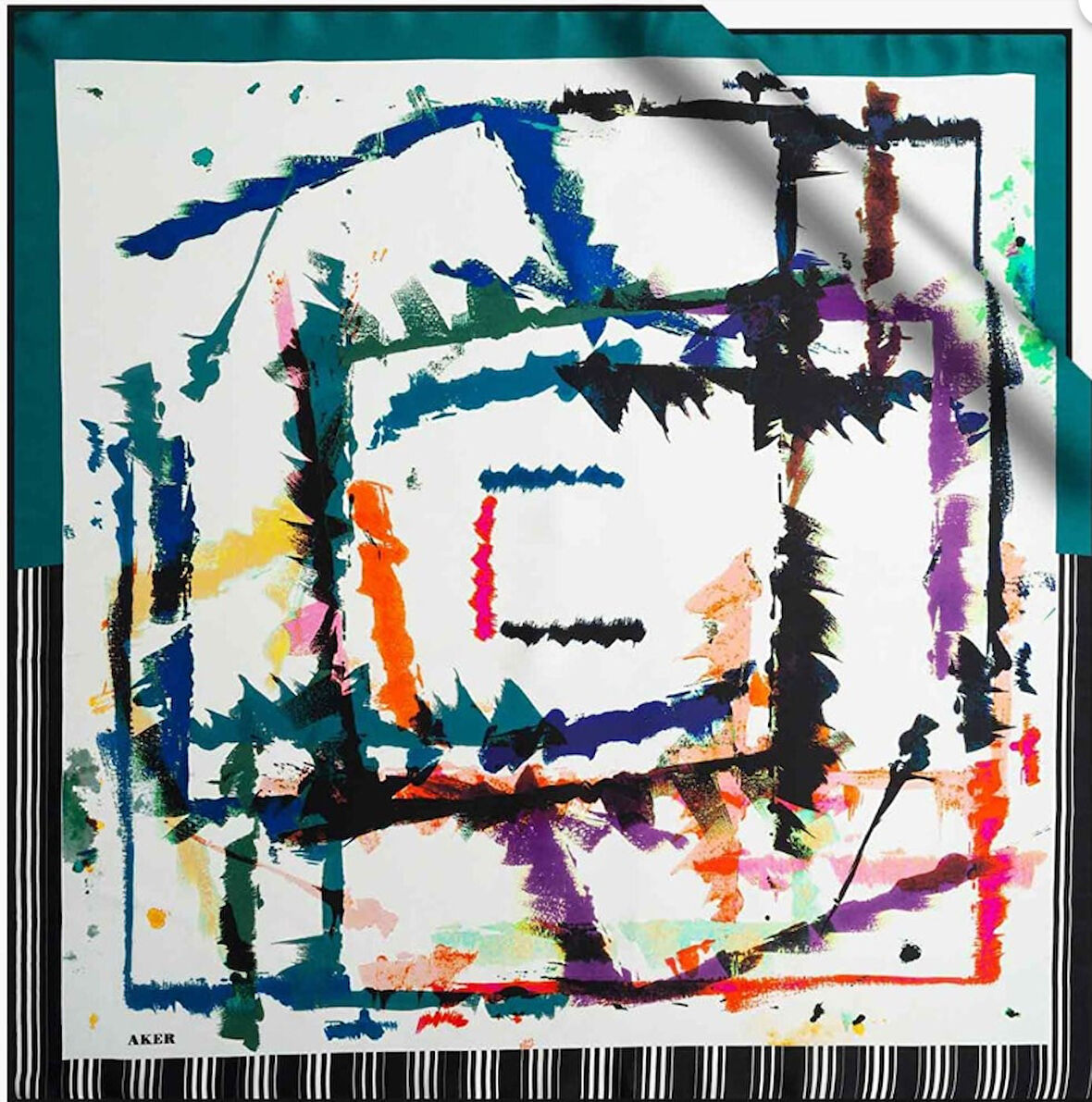 Aker Tivil Saf İpek Eşarp 7958713 - 912 Beyaz Yeşil Soyut Desen