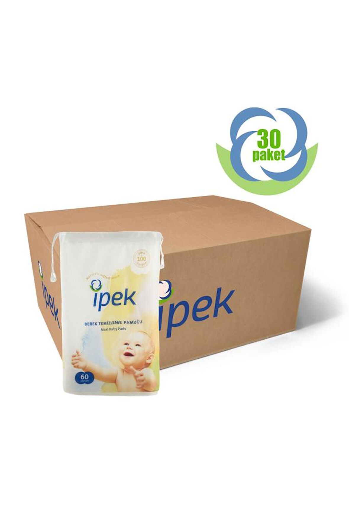 İpek Maxi Bebek Temizleme Pamuğu 60'lı X 30 Paket 1 Koli