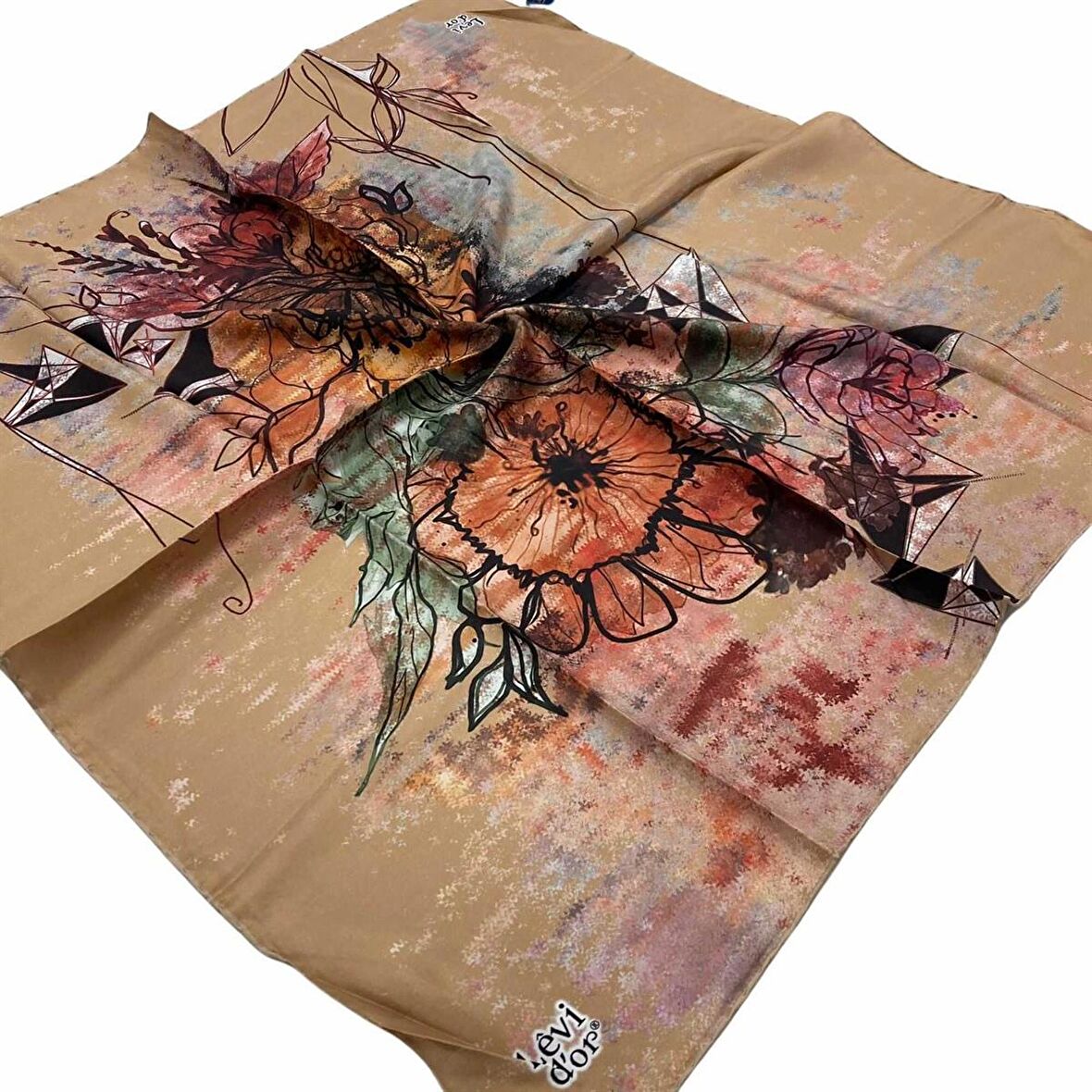 Levidor Camel Desenli Tivil İpek Eşarp 22538-05