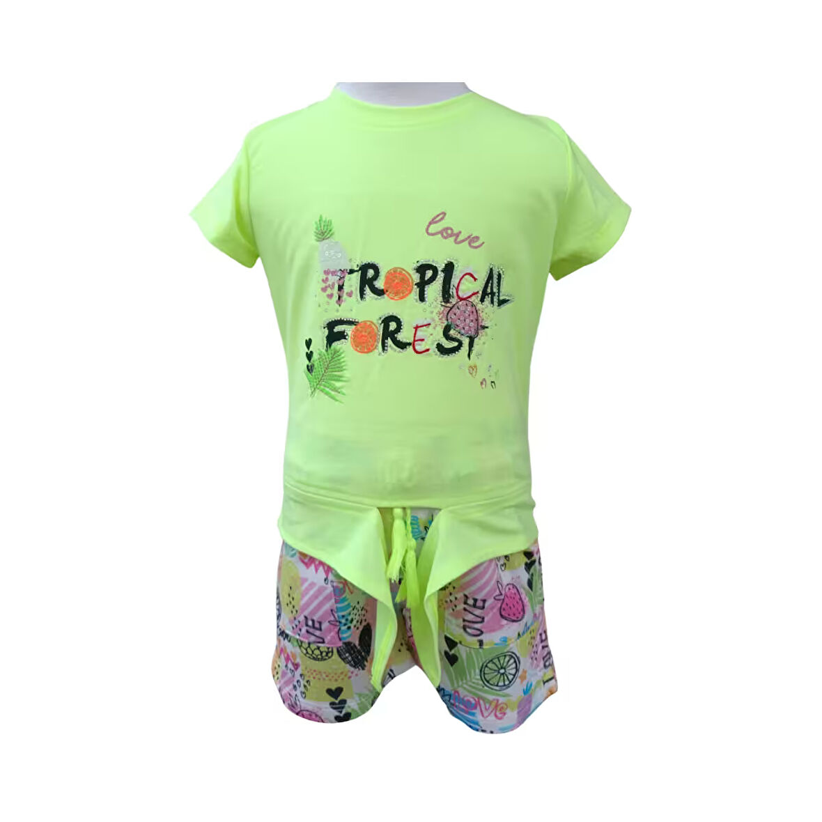 Kız Çocuğu İkili Takım Baskılı Belden Bağlamalı T-Shirt Çok Renkli Şort