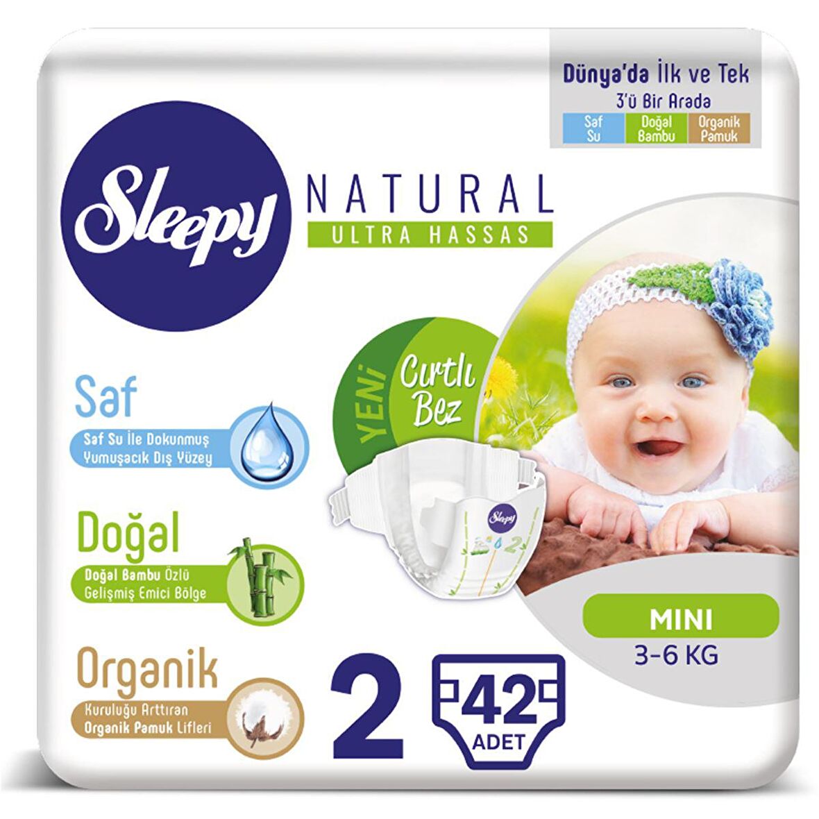 Sleepy Natural 2 Numara Mini 42'li Cırtlı Bez