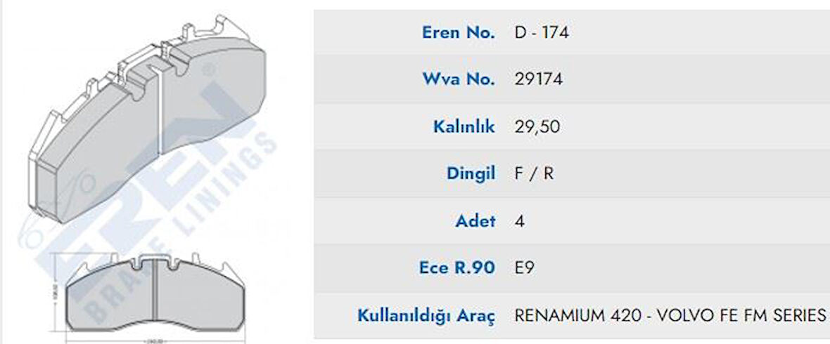 Ford Truck On Fren Balata Renault Premium Volvo  430/440/450/460 DXI 04-> Aksesuarsız (premium) - Eren Prm-D.174 M201 Yaylı