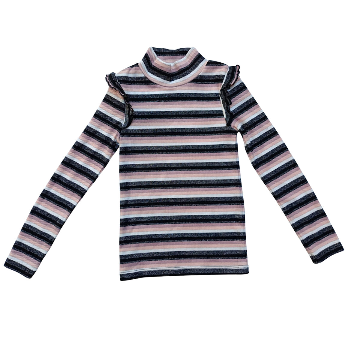 Kız Çocuk Yarım Boğazlı Uzun Kollu Fırfırlı Çizgili Bluz – Pamuklu Viskon Karışımlı
