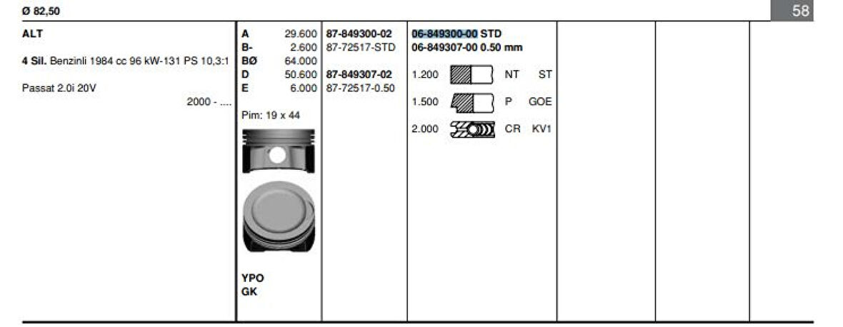 Vag Motor Segmanı Takım (1 Pistonluk) / (82,50mm Std) Passat Audı A4 A6 Alt 2,0 20v 131ps 00>08 - Goetze 68493000g