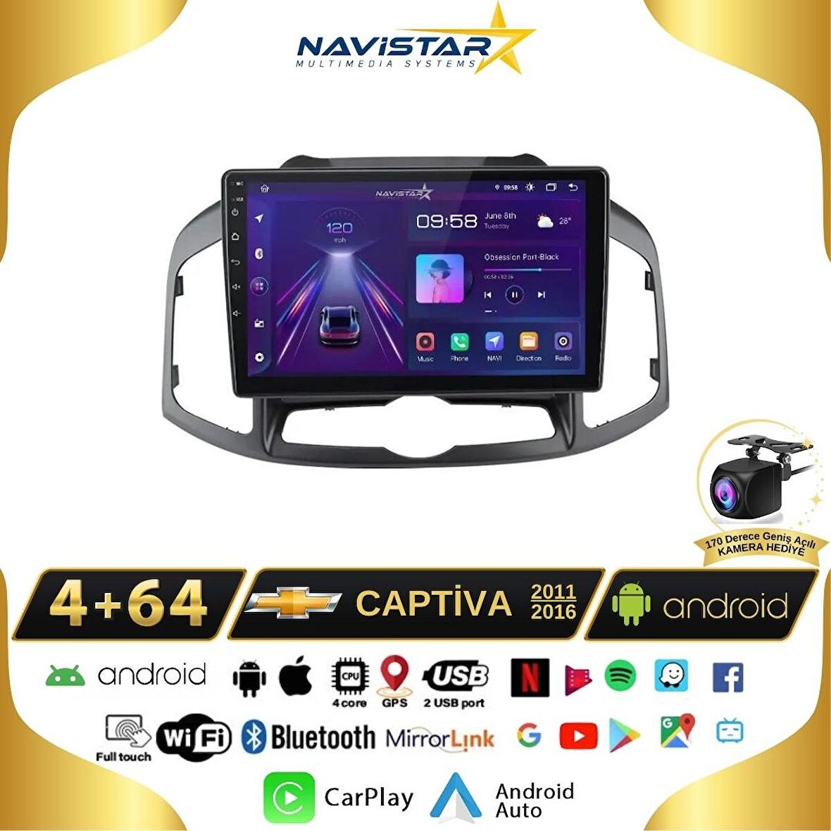 Chevrolet Captiva 2011-2016 Model 4GB + 64GB Android 13 Kablosuz Carplay Navigasyon Multimedya Siste