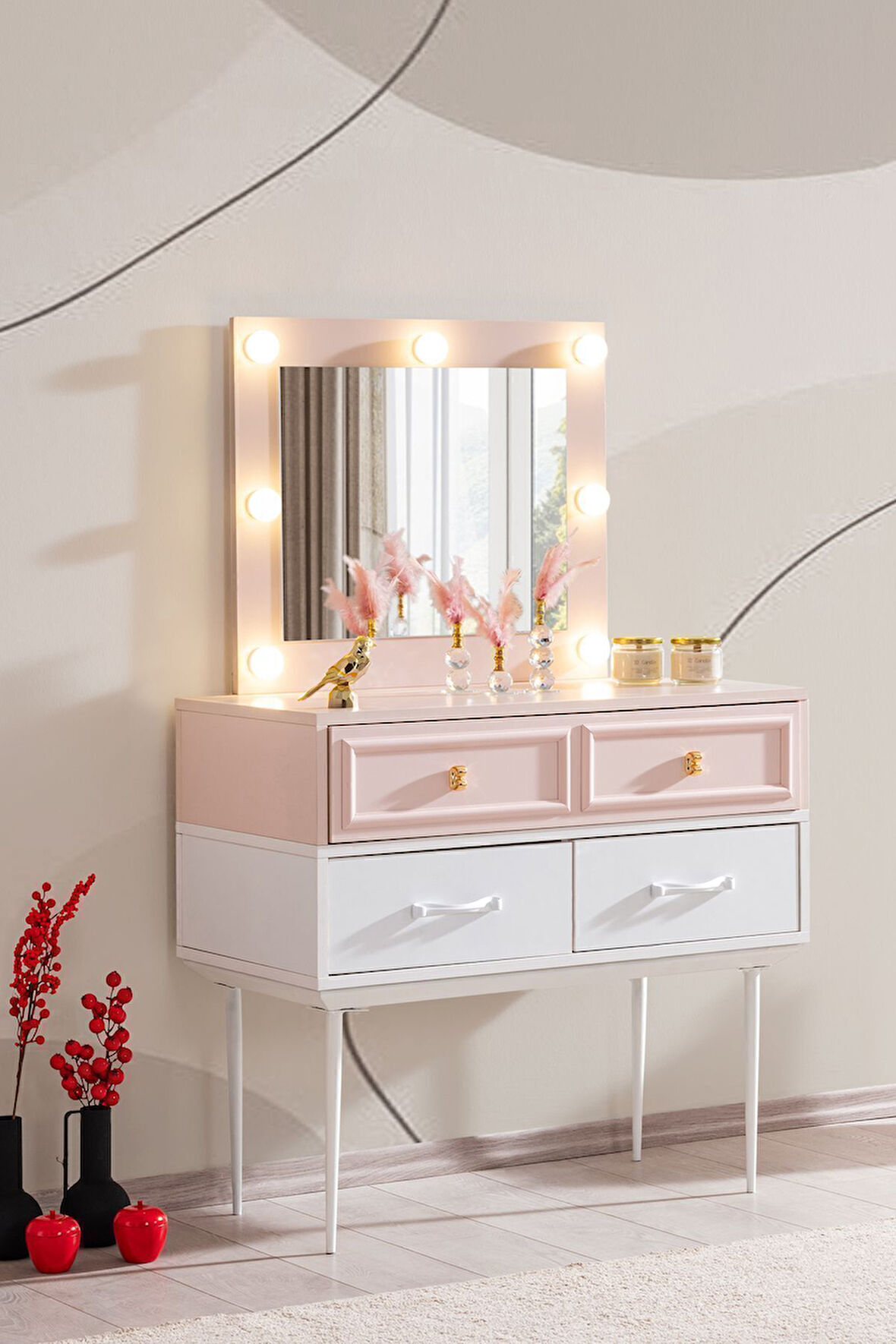 Şifonyer, Rosa Metal Ayaklı Işıklı Aynalı Makyaj Masa Şifonyer